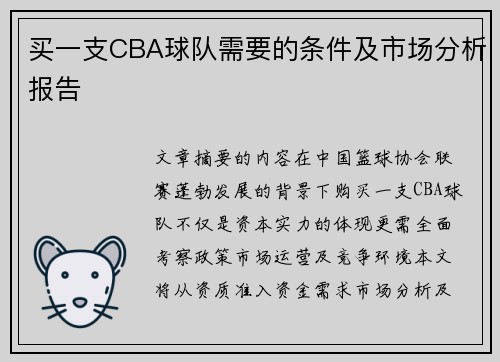 买一支CBA球队需要的条件及市场分析报告
