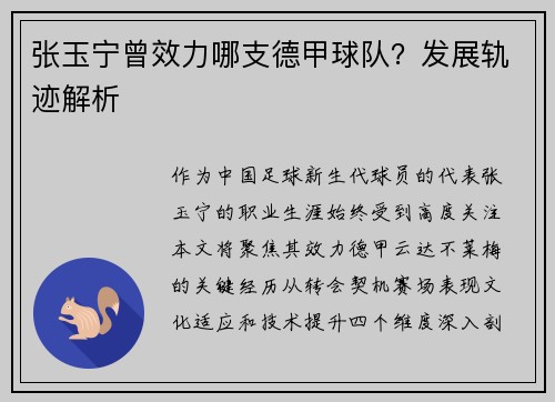 张玉宁曾效力哪支德甲球队？发展轨迹解析